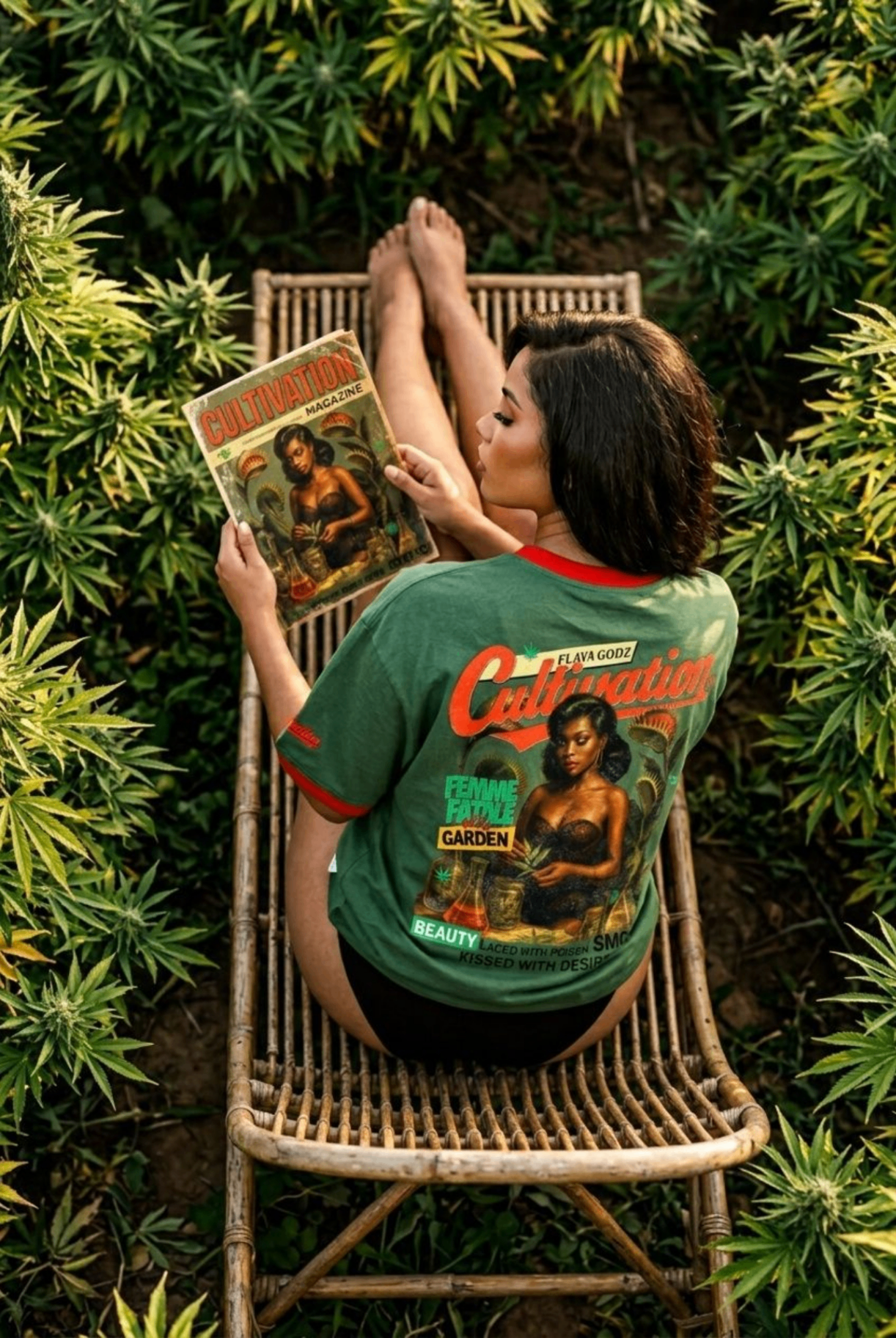 Cultivation ringer tee overhead with magazine prop