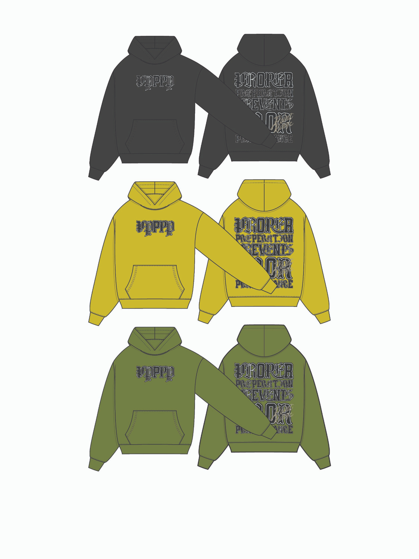 PPPPP — hoodie colorway mockups